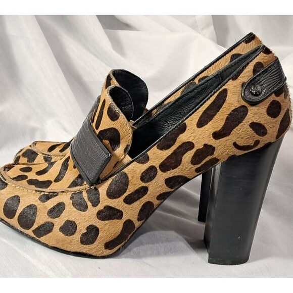 Rebecca Minkoff Leopard Pony Hair Heeled Loafer Pumps Shoes 8M Block Heels - Picture 2 of 8